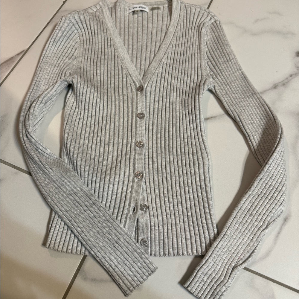 Calvin Klein Light Gray Ribbed Cardigan